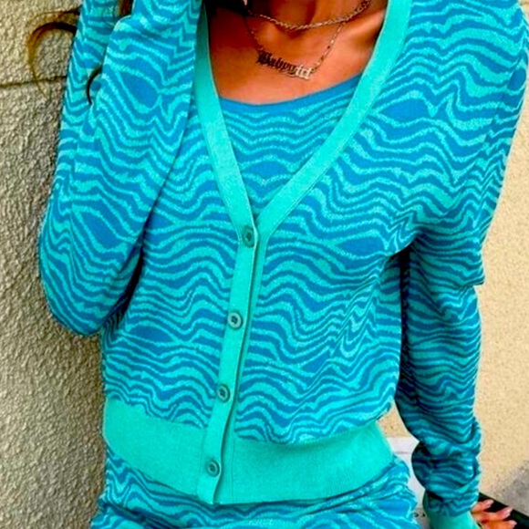 Zara Sweaters - New Zara Blue Turquoise Waves Jacquard Zebra Print Knit Cropped Cardigan